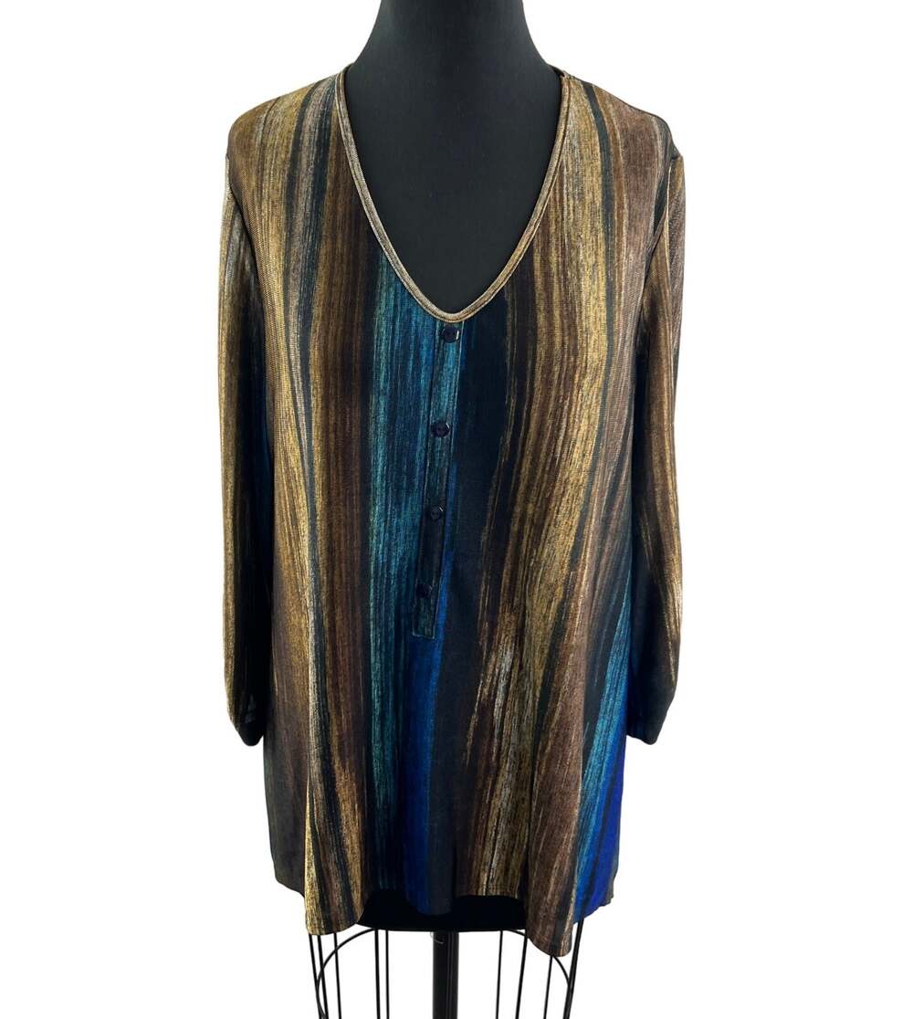 Clara Sun Woo Long Sleeve Tunic Top V-Neck Partial Button Down Stretch Size XL